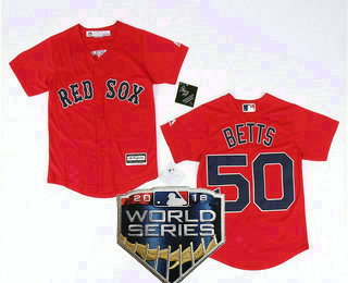 Youth Boston Red Sox #50 Mookie Betts Red 2018 World Series Patch Stitched MLB Cool Base Jersey