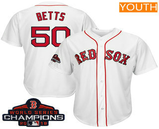 Youth Boston Red Sox #50 Mookie Betts White 2018 MLB World Series Champions Patch Home Stitched MLB Majestic Cool Base Jersey