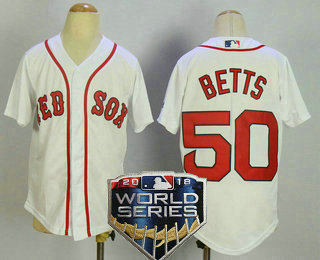 Youth Boston Red Sox #50 Mookie Betts White Home 2018 World Series Patch Stitched MLB Cool Base Jersey
