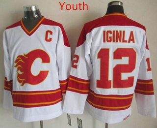 Youth Calgary Flames #12 Jarome Iginla 1989 White CCM Vintage Throwback Jersey
