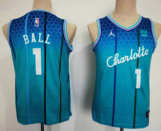 Youth Charlotte Hornets #1 LaMelo Ball Blue Jordan Diamond 2022 City Edition Swingman Stitched Jersey With Sponsor
