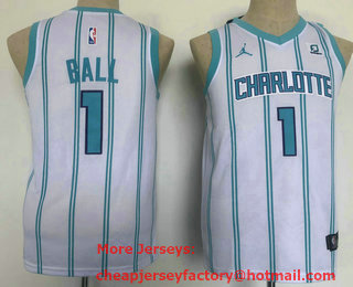 Youth Charlotte Hornets #1 LaMelo Ball White 2022 Brand Jordan Swingman Jersey With Sponsor