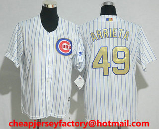 Youth Chicago Cubs #49 Jake Arrieta White World Series Champions Gold Stitched MLB 2017 Cool Base Jersey