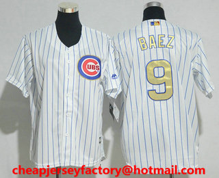 Youth Chicago Cubs #9 Javier Baez White World Series Champions Gold Stitched MLB 2017 Cool Base Jersey