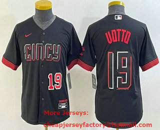 Youth Cincinnati Reds #19 Joey Votto Number Black 2023 City Connect Cool Base Stitched Jersey 01