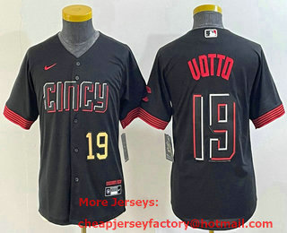 Youth Cincinnati Reds #19 Joey Votto Number Black 2023 City Connect Cool Base Stitched Jersey 03