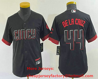 Youth Cincinnati Reds #44 Elly De La Cruz Black 2023 City Connect Cool Base Stitched Baseball Jersey 02