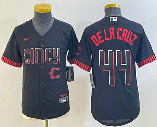 Youth Cincinnati Reds #44 Elly De La Cruz Black 2023 City Connect Cool Base Stitched Jersey 02