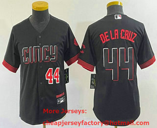 Youth Cincinnati Reds #44 Elly De La Cruz Number Black 2023 City Connect Cool Base Stitched Baseball Jersey 01