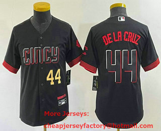 Youth Cincinnati Reds #44 Elly De La Cruz Number Black 2023 City Connect Cool Base Stitched Baseball Jersey 02