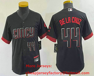 Youth Cincinnati Reds #44 Elly De La Cruz Number Black 2023 City Connect Cool Base Stitched Baseball Jersey 03