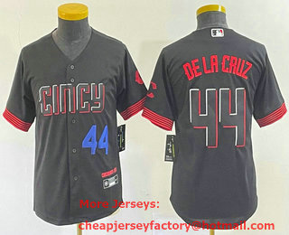 Youth Cincinnati Reds #44 Elly De La Cruz Number Black 2023 City Connect Cool Base Stitched Baseball Jersey 04
