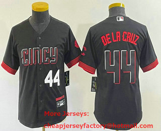 Youth Cincinnati Reds #44 Elly De La Cruz Number Black 2023 City Connect Cool Base Stitched Baseball Jersey 05