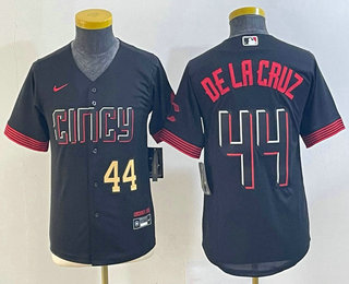 Youth Cincinnati Reds #44 Elly De La Cruz Number Black 2023 City Connect Cool Base Stitched Jersey 02