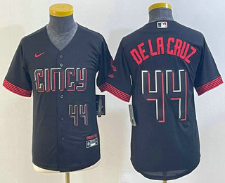 Youth Cincinnati Reds #44 Elly De La Cruz Number Black 2023 City Connect Cool Base Stitched Jersey 03