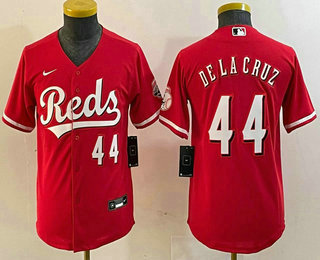 Youth Cincinnati Reds #44 Elly De La Cruz Number Red Cool Base Stitched Baseball Jersey 02