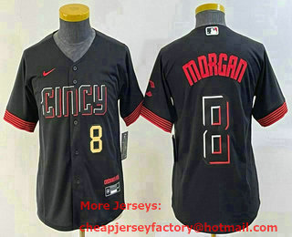 Youth Cincinnati Reds #8 Joe Morgan Number Black 2023 City Connect Cool Base Stitched Jersey 01