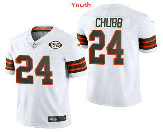 Youth Cleveland Browns #24 Nick Chubb 75TH Patch White 2021 Vapor Untouchable Stitched NFL Nike Limited Jersey