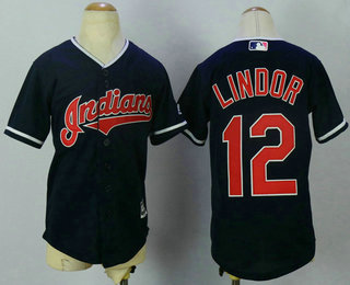 Youth Cleveland Indians #12 Francisco Lindor Navy Blue Stitched MLB Cool Base Jersey
