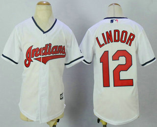 Youth Cleveland Indians #12 Francisco Lindor White Home Cool Base Baseball Jersey