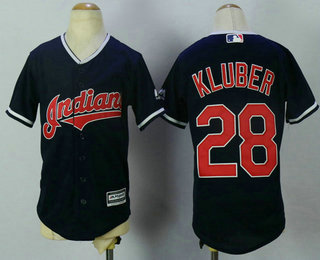 Youth Cleveland Indians #28 Corey Kluber Navy Blue Stitched MLB Cool Base Jersey