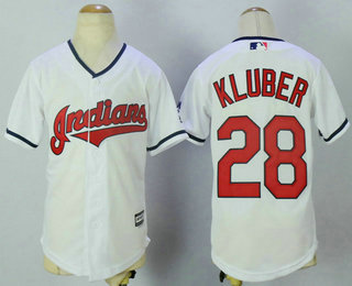 Youth Cleveland Indians #28 Corey Kluber White Home Cool Base Baseball Jersey