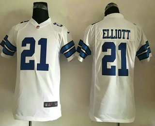 Youth Dallas Cowboys #21 Ezekiel Elliott White Road NFL Nike Game Jersey