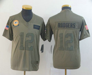 Youth Green Bay Packers #12 Aaron Rodgers NEW Olive 2019 Salute To Service Stitched NFL Nike Limited Jersey