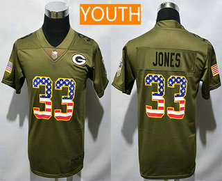 Youth Green Bay Packers #33 Aaron Jones Olive with USA Flag 2017 Salute To Service Stitched NFL Nike Limited Jersey