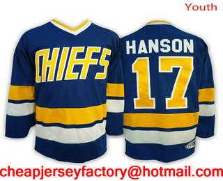 Youth Hanson brothers Charlestown CHIEFS #17 Steve HANSON Blue Away Ice Hockey Jersey