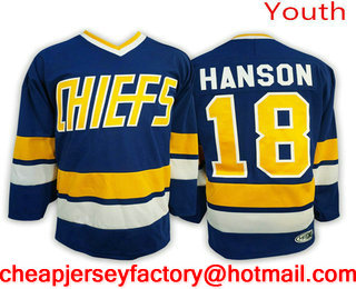 Youth Hanson brothers Charlestown CHIEFS #18 Jeff HANSON Blue Away Ice Hockey Jersey