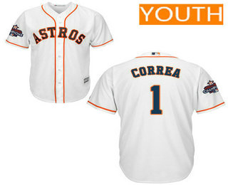 Youth Houston Astros #1 Carlos Correa White Home Cool Base Stitched 2017 World Series Champions Patch Jersey