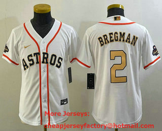 Youth Houston Astros #2 Alex Bregman 2023 White Gold World Serise Champions Patch Cool Base Stitched Jersey 01