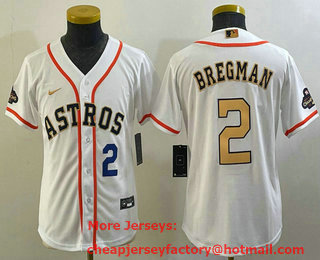 Youth Houston Astros #2 Alex Bregman Number 2023 White Gold World Serise Champions Patch Cool Base Stitched Jersey 01