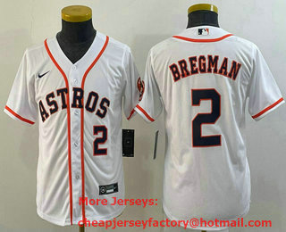 Youth Houston Astros #2 Alex Bregman Number White With Patch Stitched MLB Cool Base Nike Jersey