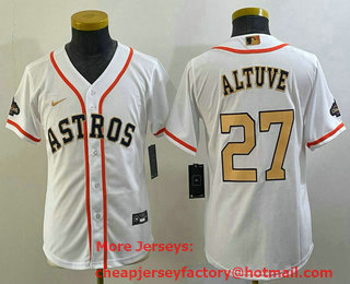 Youth Houston Astros #27 Jose Altuve 2023 White Gold World Serise Champions Patch Cool Base Stitched Jersey 01