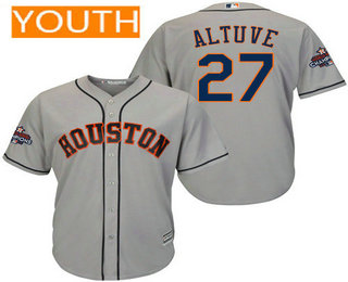 Youth Houston Astros #27 Jose Altuve Gray Road Cool Base Stitched 2017 World Series Champions Patch Jersey