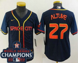 Youth Houston Astros #27 Jose Altuve Navy City 2022 World Series Champions Cool Base Jersey