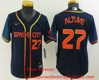 Youth Houston Astros #27 Jose Altuve Number 2022 Navy Blue City Connect Cool Base Stitched Jersey