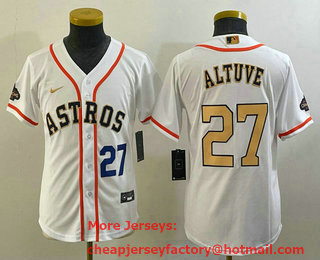 Youth Houston Astros #27 Jose Altuve Number 2023 White Gold World Serise Champions Patch Cool Base Stitched Jersey 01