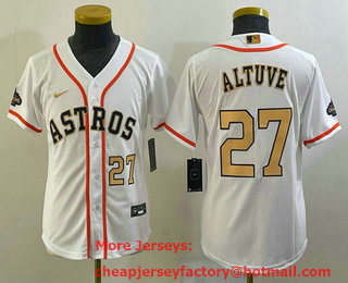Youth Houston Astros #27 Jose Altuve Number 2023 White Gold World Serise Champions Patch Cool Base Stitched Jersey 02