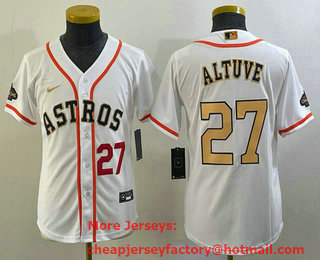 Youth Houston Astros #27 Jose Altuve Number 2023 White Gold World Serise Champions Patch Cool Base Stitched Jersey 03