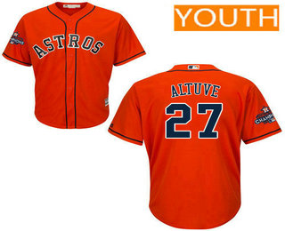 Youth Houston Astros #27 Jose Altuve Orange Alternate Cool Base Stitched 2017 World Series Champions Patch Jersey