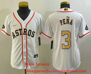 Youth Houston Astros #3 Jeremy Pena 2023 White Gold World Serise Champions Patch Cool Base Stitched Jersey 01
