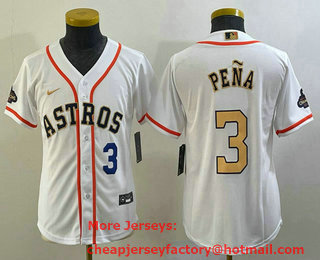 Youth Houston Astros #3 Jeremy Pena Number 2023 White Gold World Serise Champions Patch Cool Base Stitched Jersey 01