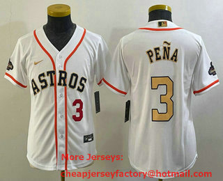 Youth Houston Astros #3 Jeremy Pena Number 2023 White Gold World Serise Champions Patch Cool Base Stitched Jersey 02