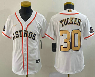 Youth Houston Astros #30 Kyle Tucker 2023 White Gold World Serise Champions Patch Cool Base Stitched Jersey 01