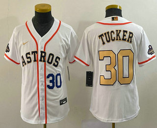 Youth Houston Astros #30 Kyle Tucker Number 2023 White Gold World Serise Champions Patch Cool Base Stitched Jersey 01