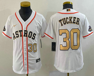 Youth Houston Astros #30 Kyle Tucker Number 2023 White Gold World Serise Champions Patch Cool Base Stitched Jersey 02