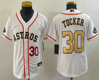 Youth Houston Astros #30 Kyle Tucker Number 2023 White Gold World Serise Champions Patch Cool Base Stitched Jersey 03